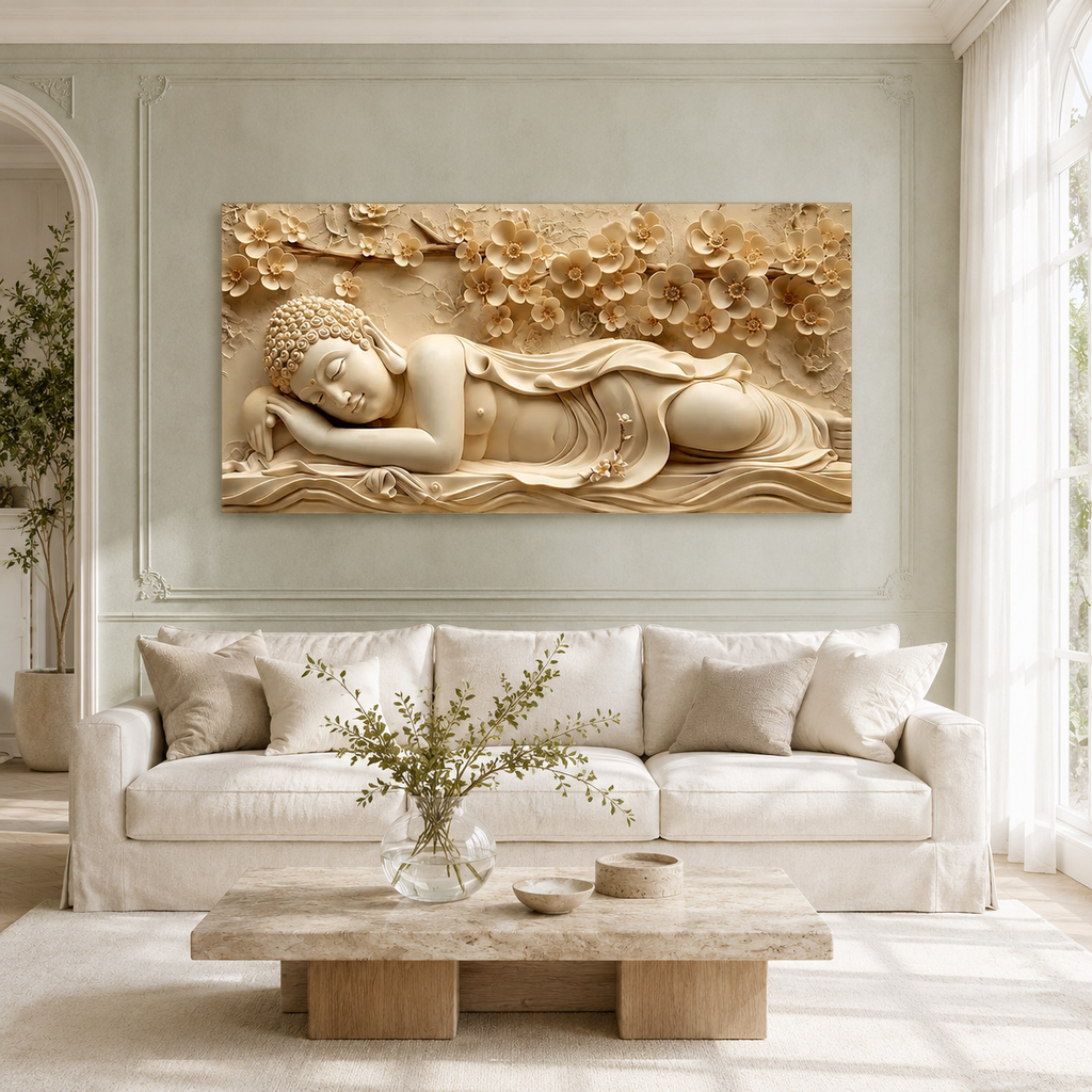 Serene Sleeping Buddha 3D Painting with Embossed Floral Design