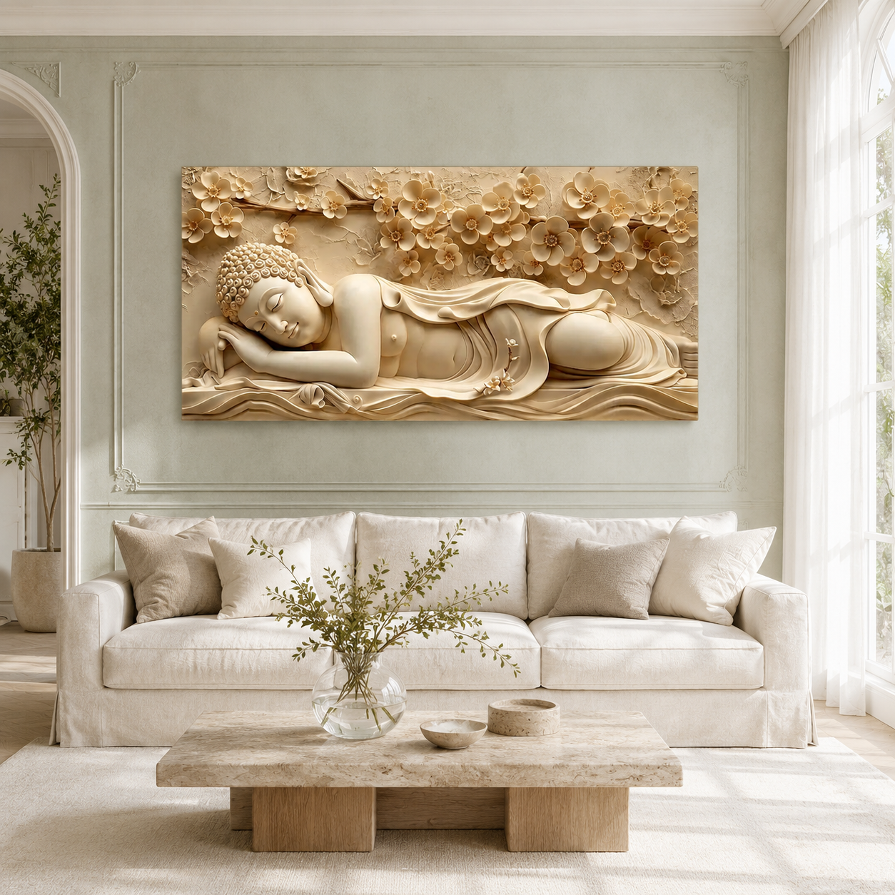 Serene Sleeping Buddha 3D Painting with Embossed Floral Design