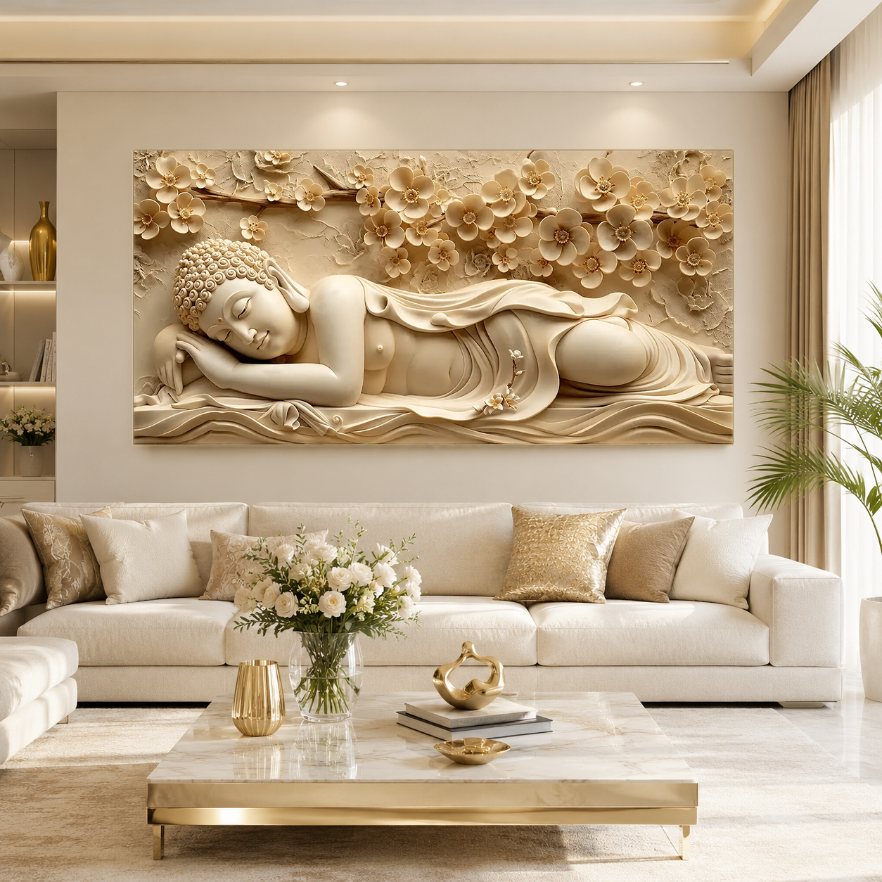 Serene Sleeping Buddha 3D Painting with Embossed Floral Design