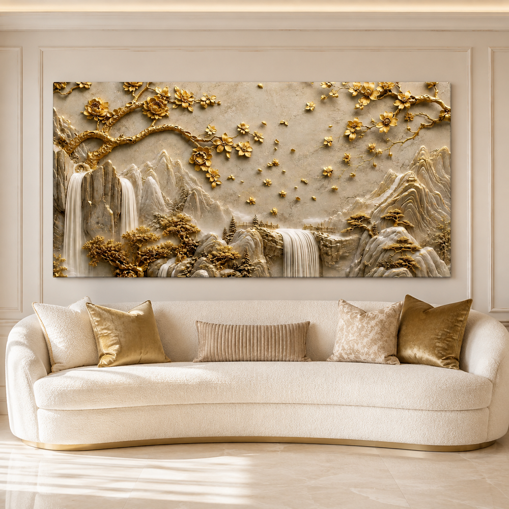 Luxury 3D Golden Mountain Waterfall Landscape Wall Art for Home Decoration