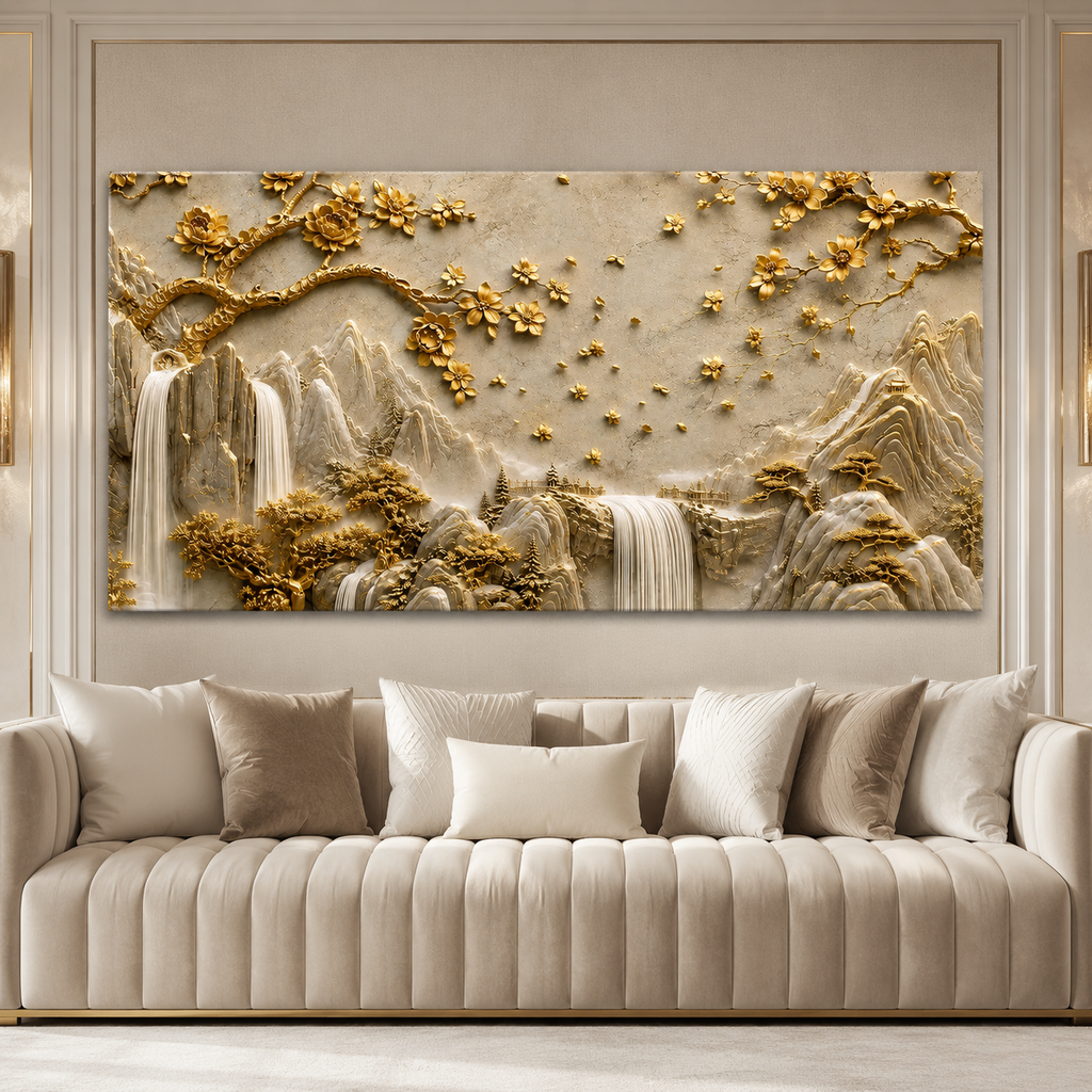 Luxury 3D Golden Mountain Waterfall Landscape Wall Art for Home Decoration
