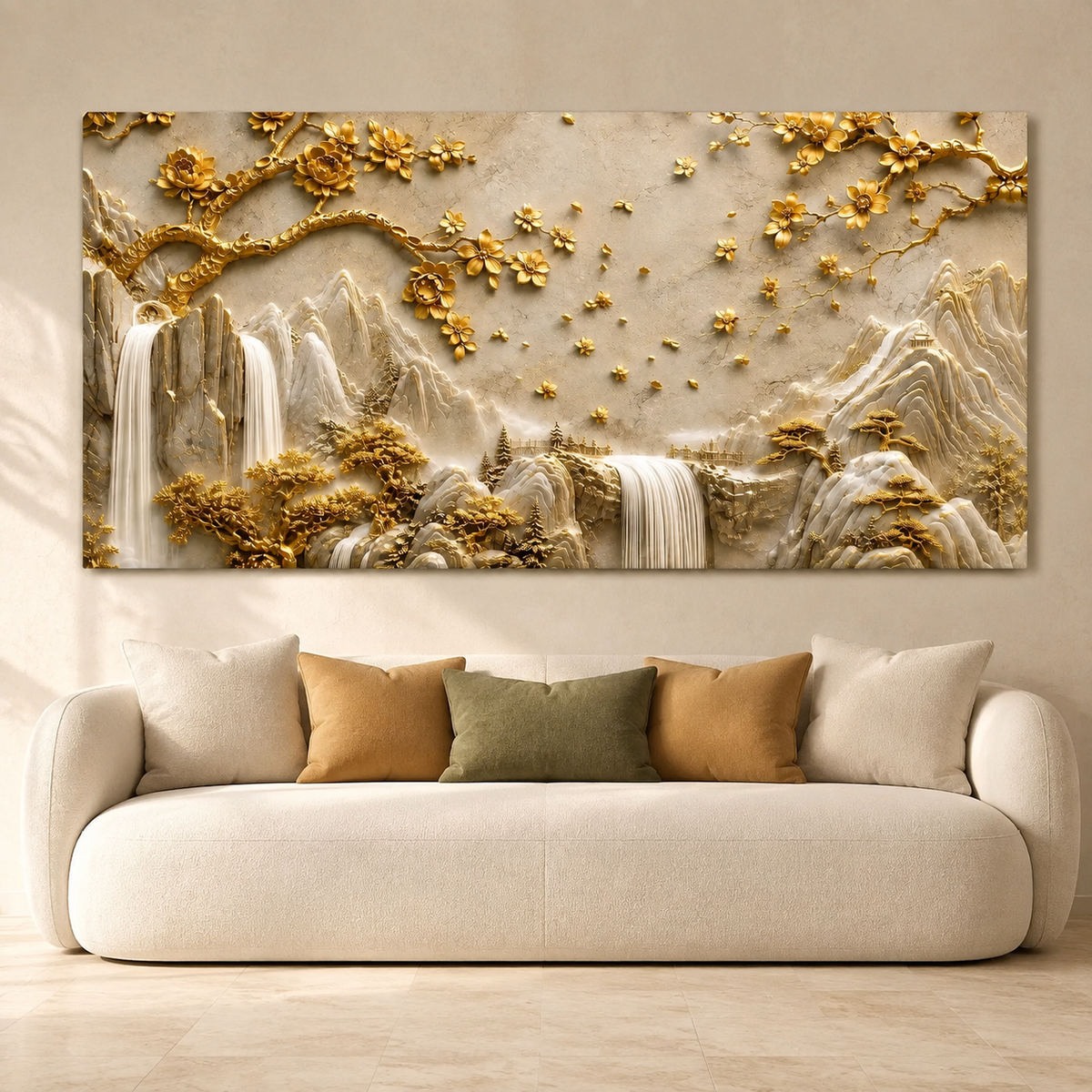 Luxury 3D Golden Mountain Waterfall Landscape Wall Art for Home Decoration