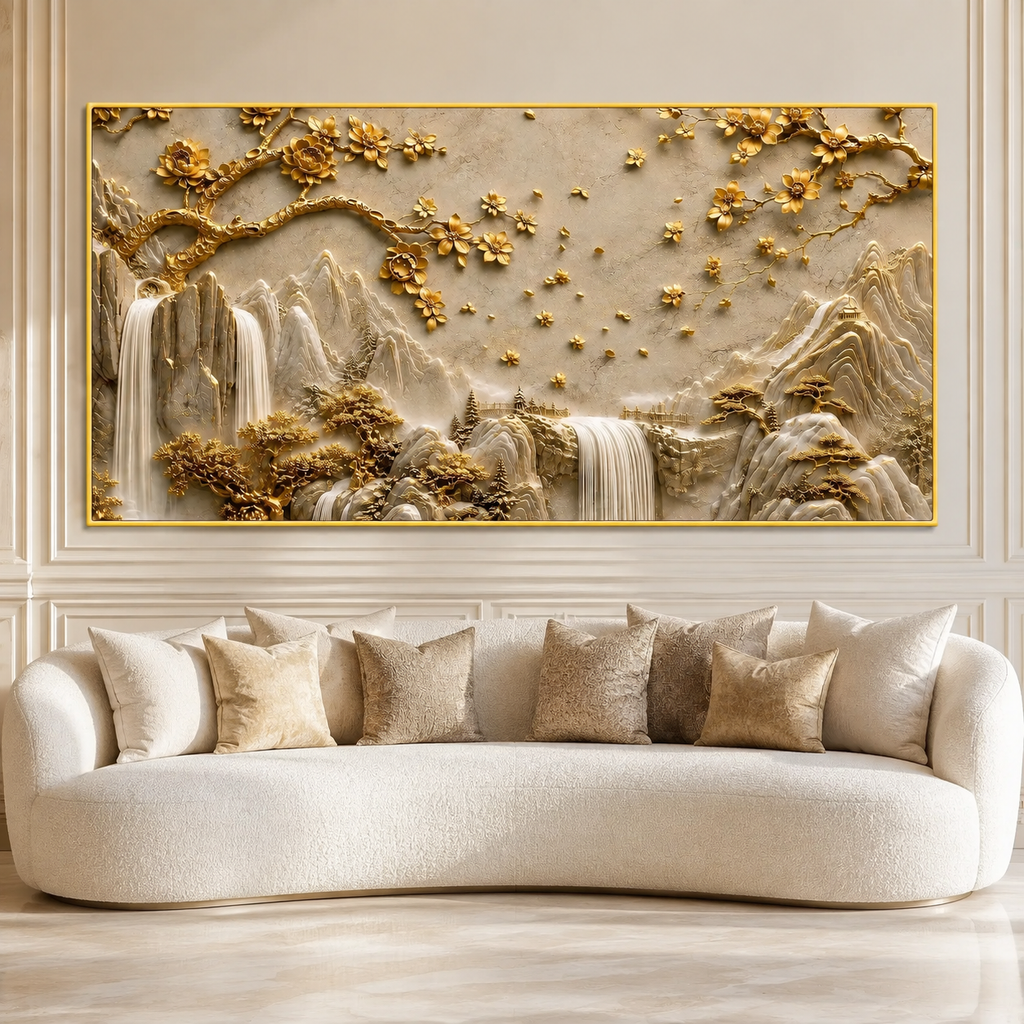 Luxury 3D Golden Mountain Waterfall Landscape Wall Art for Home Decoration