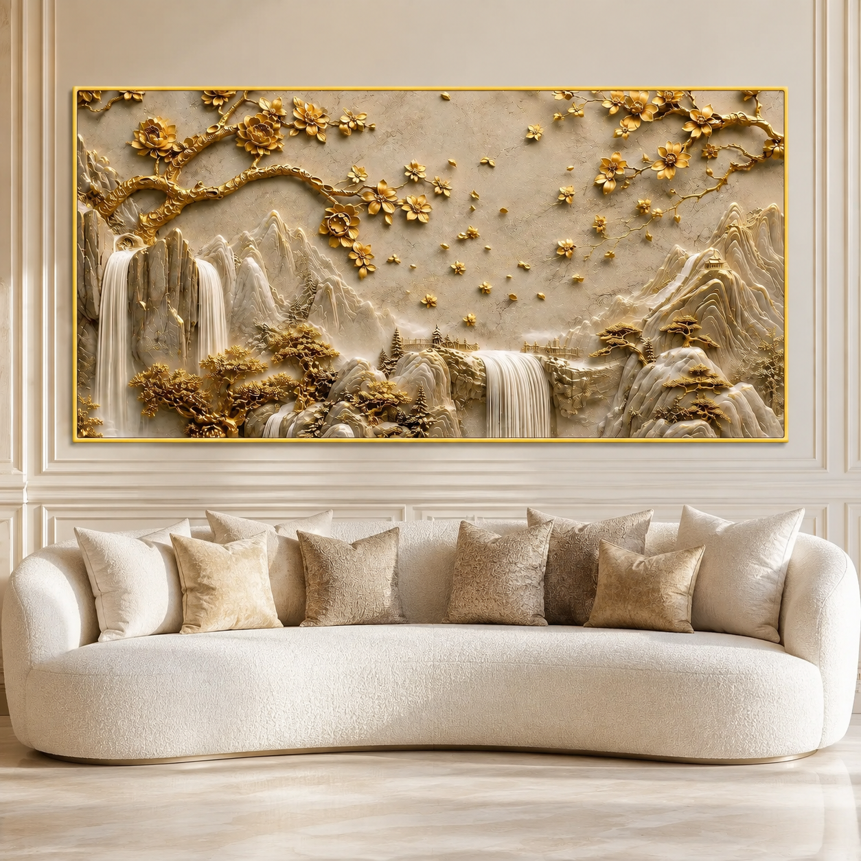 Luxury 3D Golden Mountain Waterfall Landscape Wall Art for Home Decoration