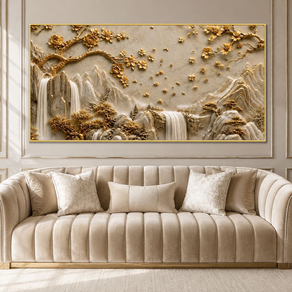 Luxury 3D Golden Mountain Waterfall Landscape Wall Art for Home Decoration