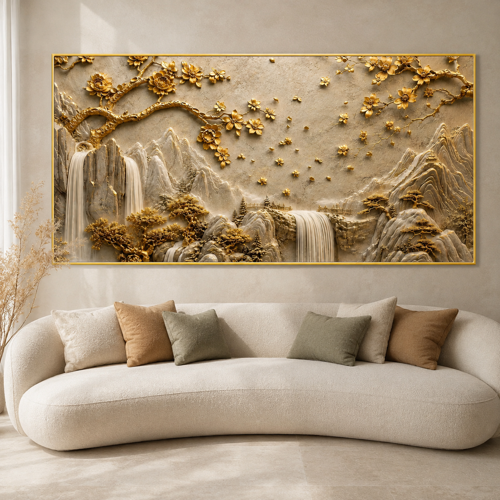 Luxury 3D Golden Mountain Waterfall Landscape Wall Art for Home Decoration