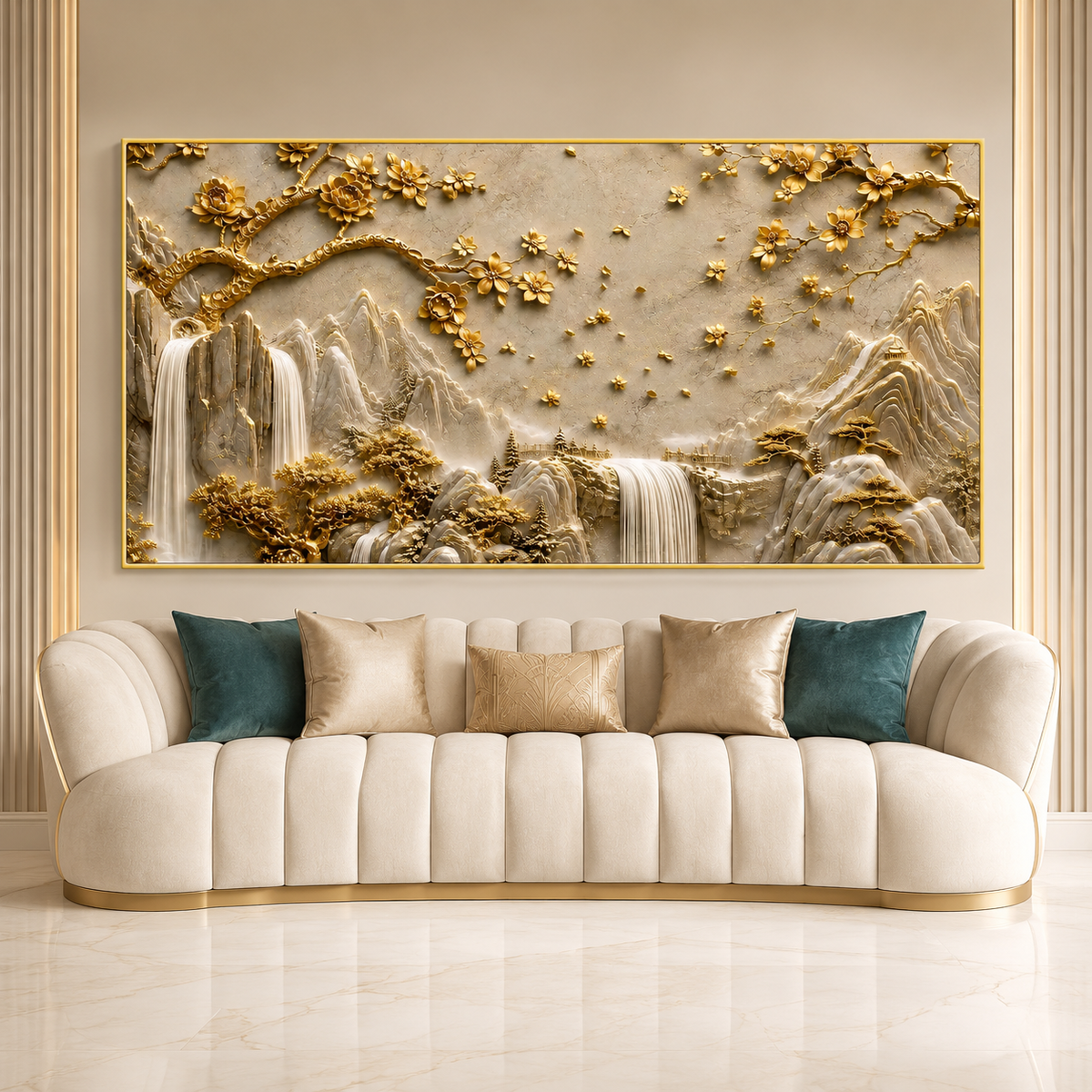 Luxury 3D Golden Mountain Waterfall Landscape Wall Art for Home Decoration