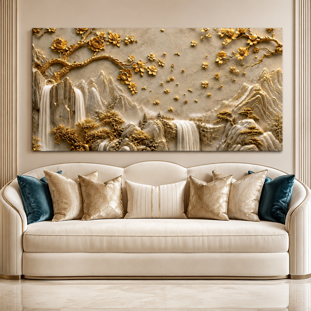 Luxury 3D Golden Mountain Waterfall Landscape Wall Art for Home Decoration