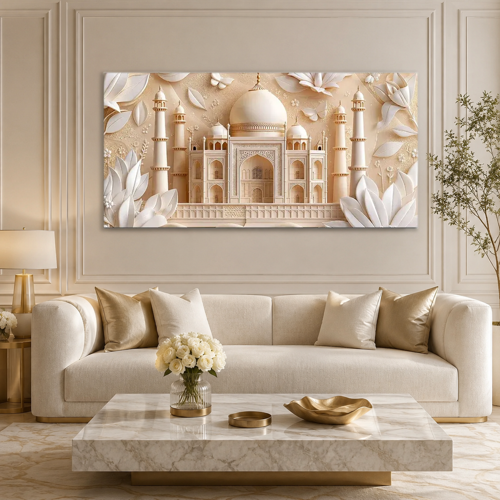 Luxury 3D White Floral Relief Mughal Architecture for Modern Home Decor