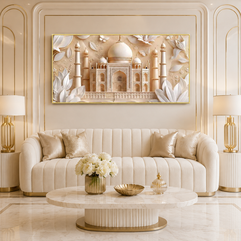 Luxury 3D White Floral Relief Mughal Architecture for Modern Home Decor