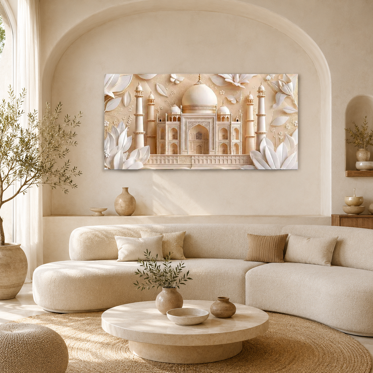 Luxury 3D White Floral Relief Mughal Architecture for Modern Home Decor