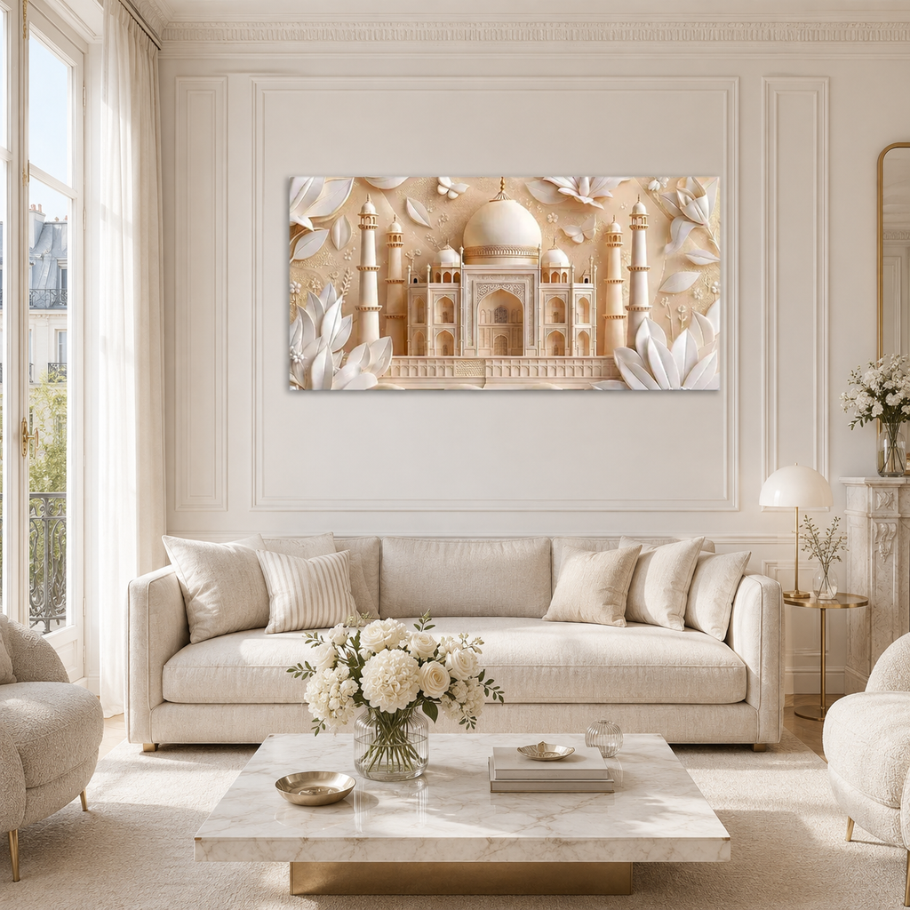 Luxury 3D White Floral Relief Mughal Architecture for Modern Home Decor