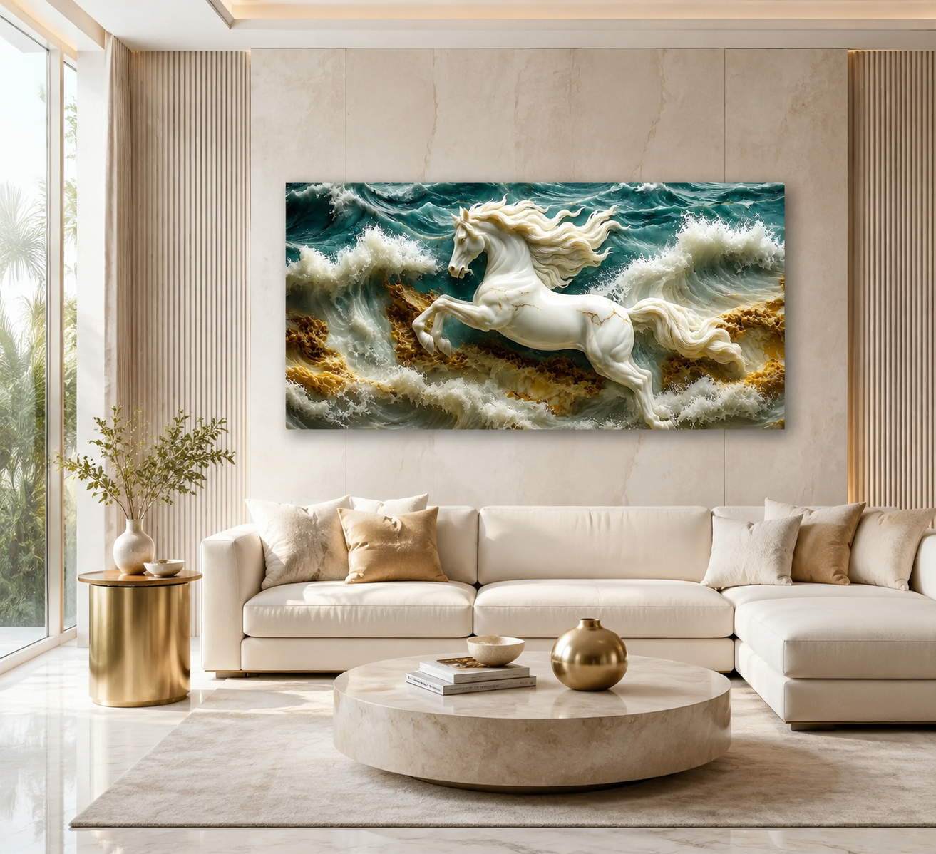 3D White Horse Sea Waves Gold Accent Luxury Wall Painting