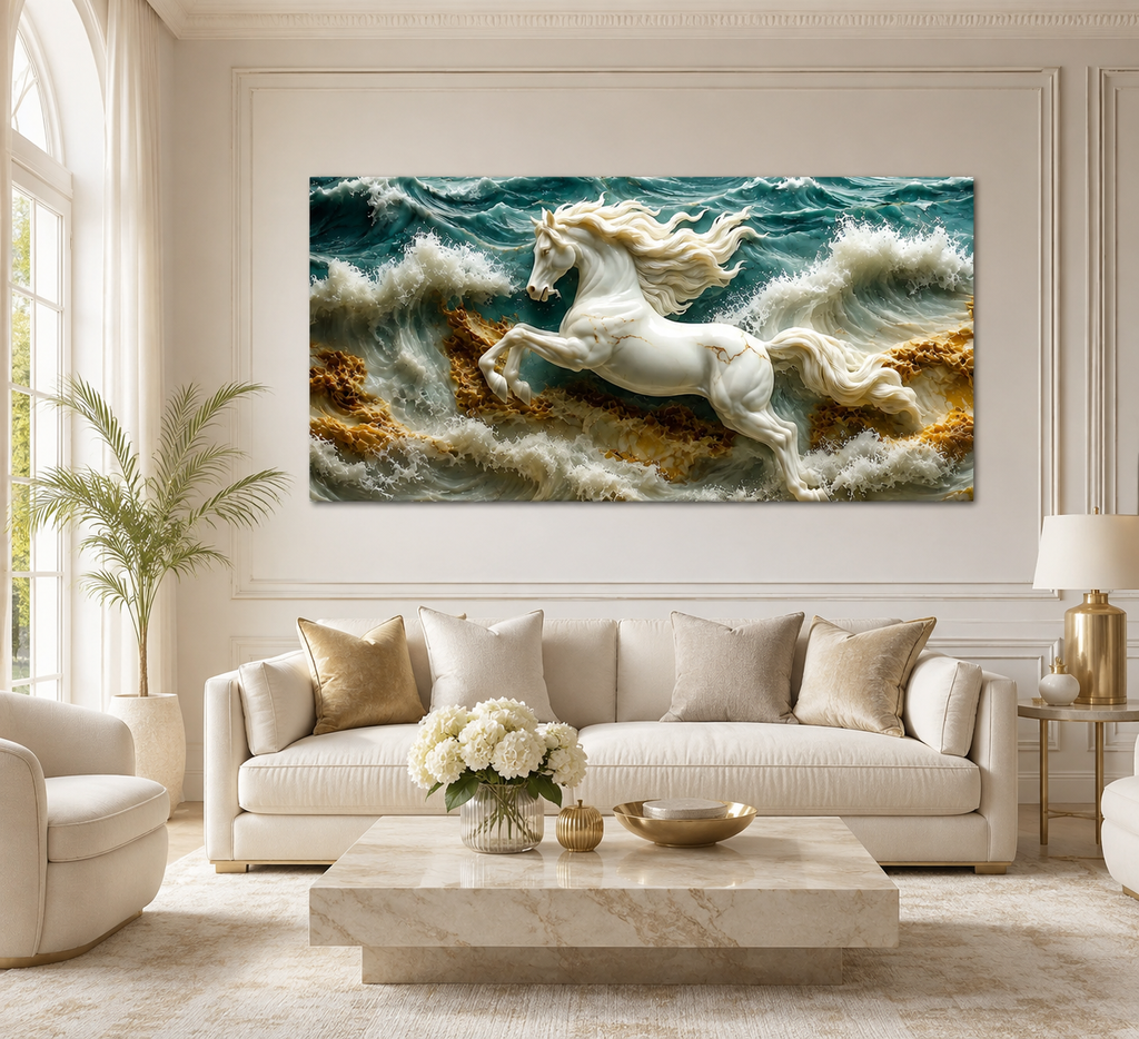 3D White Horse Sea Waves Gold Accent Luxury Wall Painting