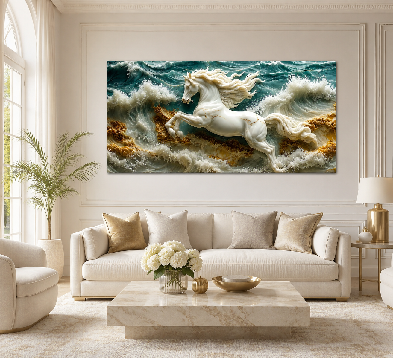 3D White Horse Sea Waves Gold Accent Luxury Wall Painting