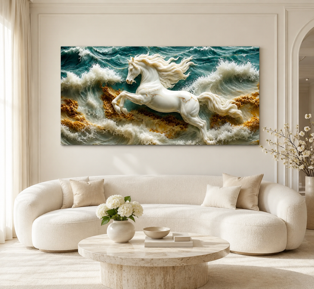 3D White Horse Sea Waves Gold Accent Luxury Wall Painting