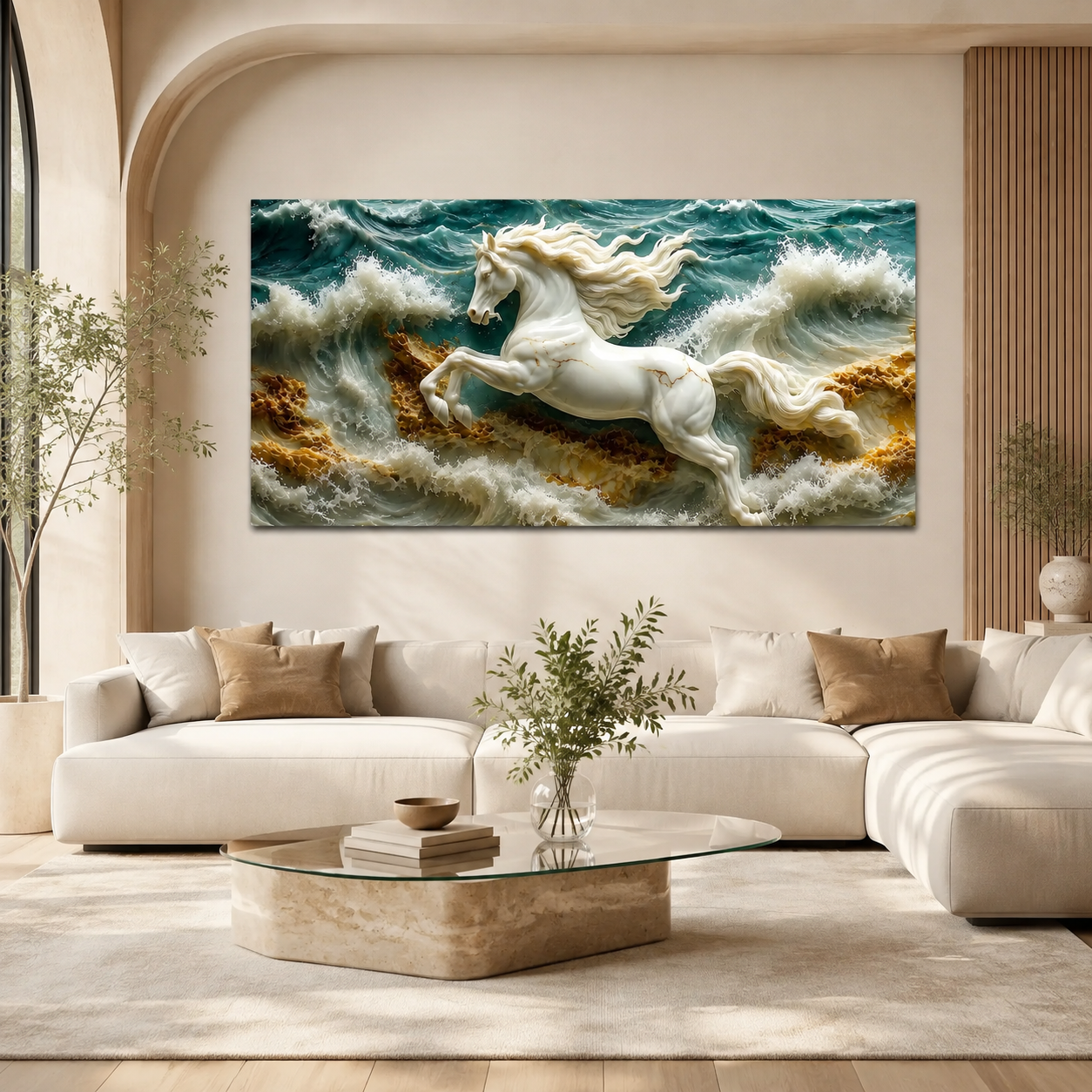 3D White Horse Sea Waves Gold Accent Luxury Wall Painting