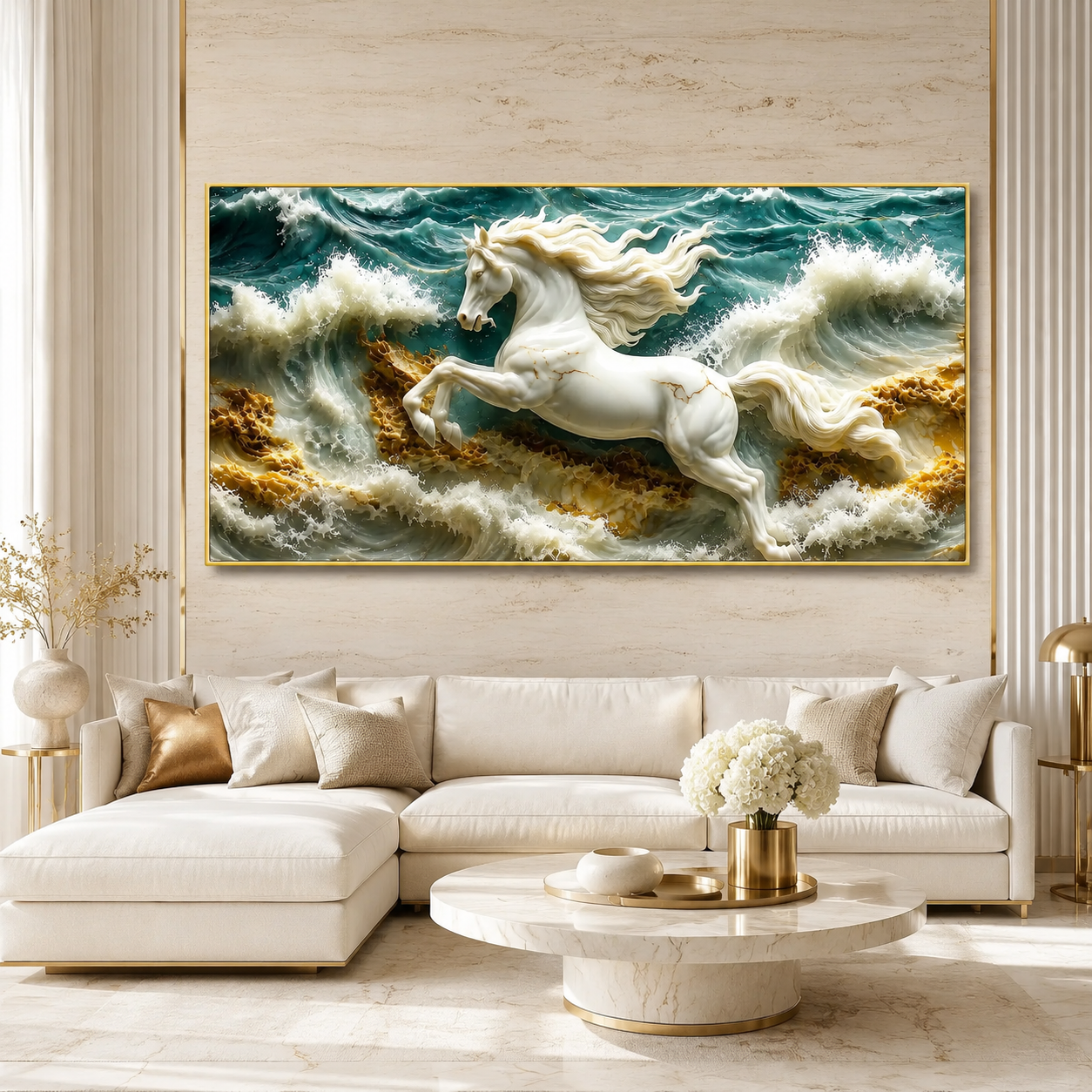 3D White Horse Sea Waves Gold Accent Luxury Wall Painting