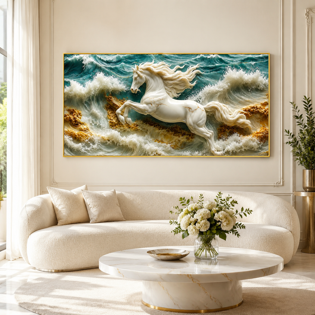 3D White Horse Sea Waves Gold Accent Luxury Wall Painting