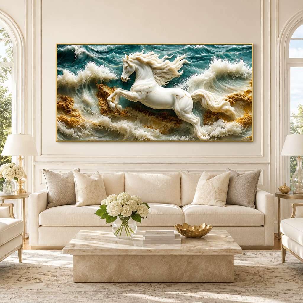 3D White Horse Sea Waves Gold Accent Luxury Wall Painting