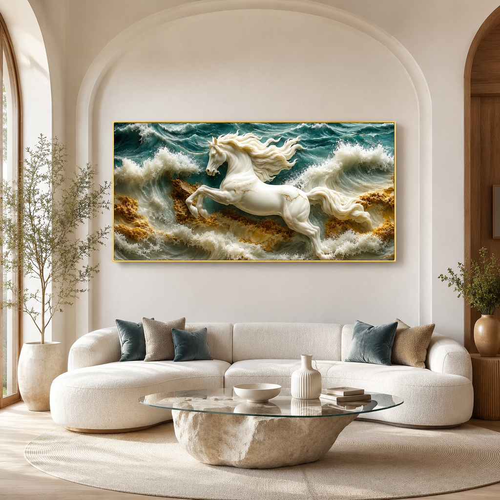 3D White Horse Sea Waves Gold Accent Luxury Wall Painting
