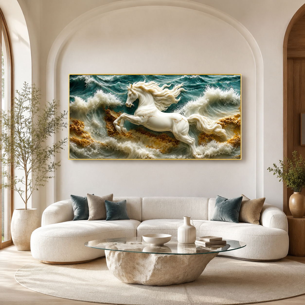 3D White Horse Sea Waves Gold Accent Luxury Wall Painting