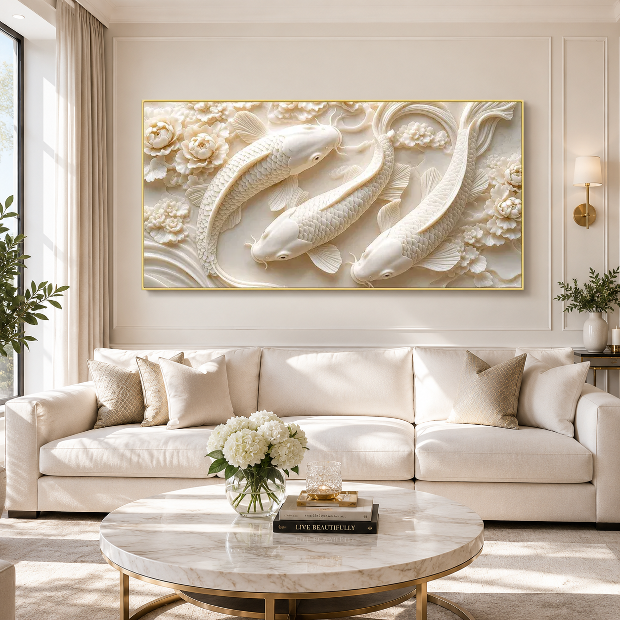 Elegant 3D Textured Koi Fish Wall Art Featuring Three White Koi Fish Flowers Flowing Water