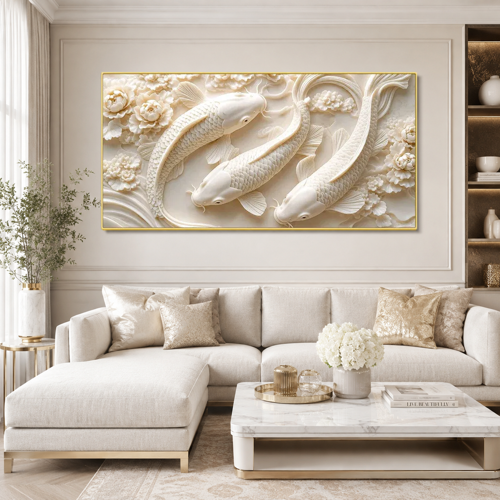Elegant 3D Textured Koi Fish Wall Art Featuring Three White Koi Fish Flowers Flowing Water