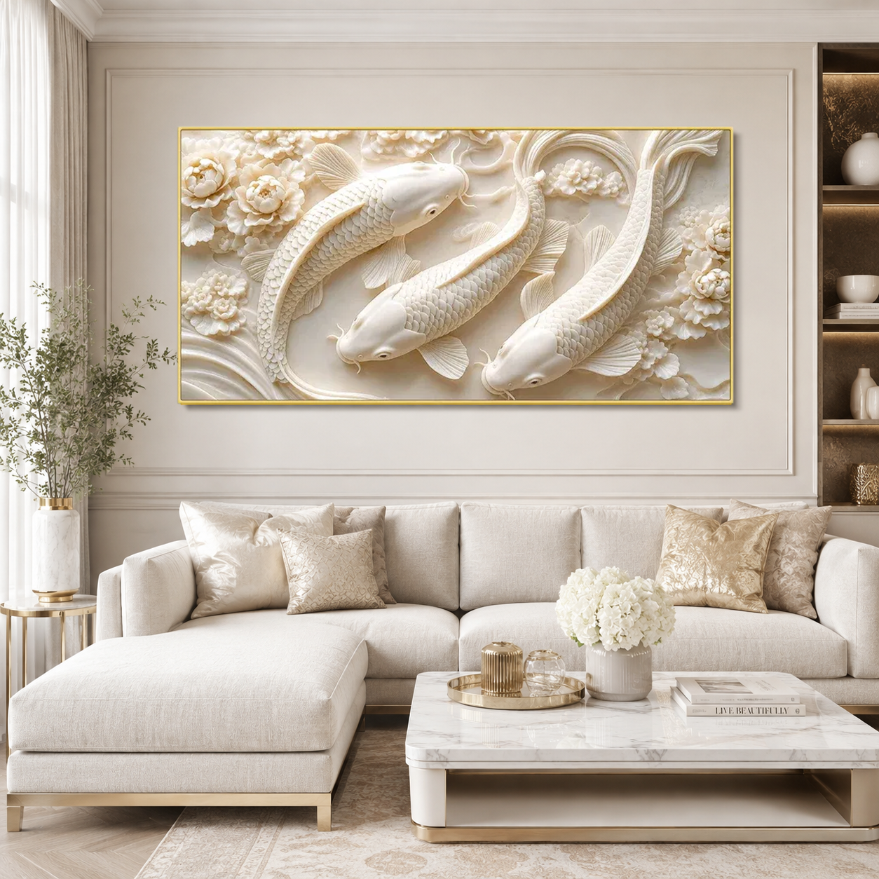 Elegant 3D Textured Koi Fish Wall Art Featuring Three White Koi Fish Flowers Flowing Water