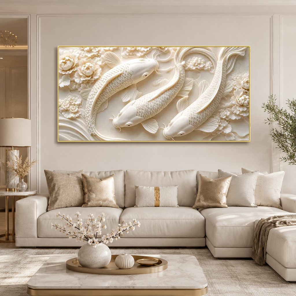 Elegant 3D Textured Koi Fish Wall Art Featuring Three White Koi Fish Flowers Flowing Water