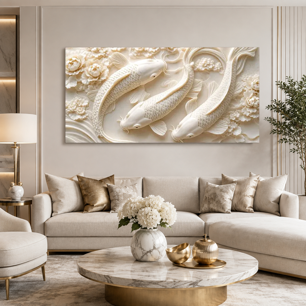 Elegant 3D Textured Koi Fish Wall Art Featuring Three White Koi Fish Flowers Flowing Water