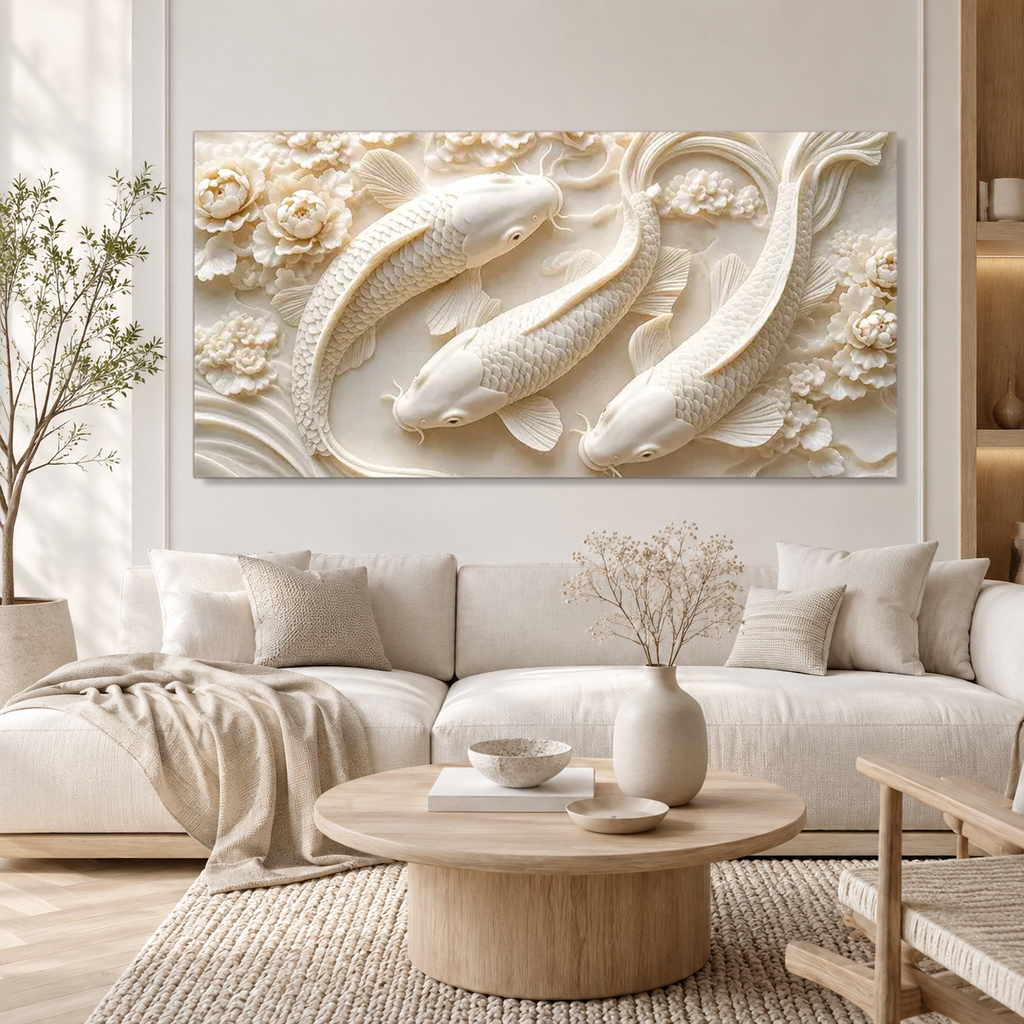 Elegant 3D Textured Koi Fish Wall Art Featuring Three White Koi Fish Flowers Flowing Water