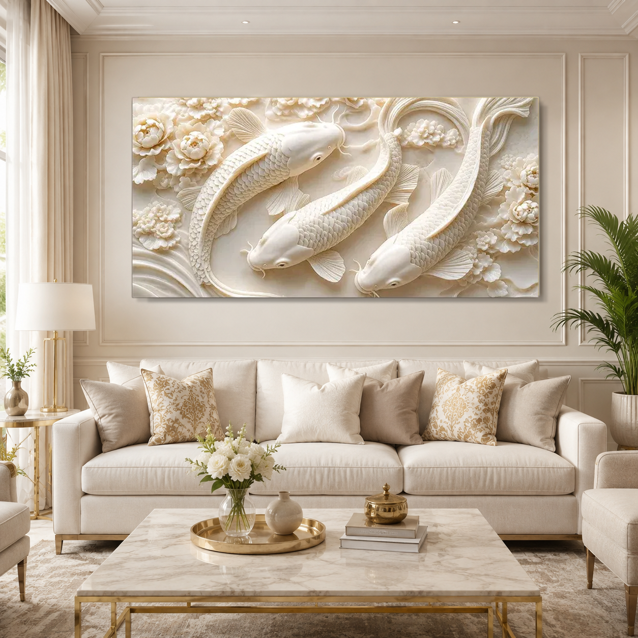 Elegant 3D Textured Koi Fish Wall Art Featuring Three White Koi Fish Flowers Flowing Water