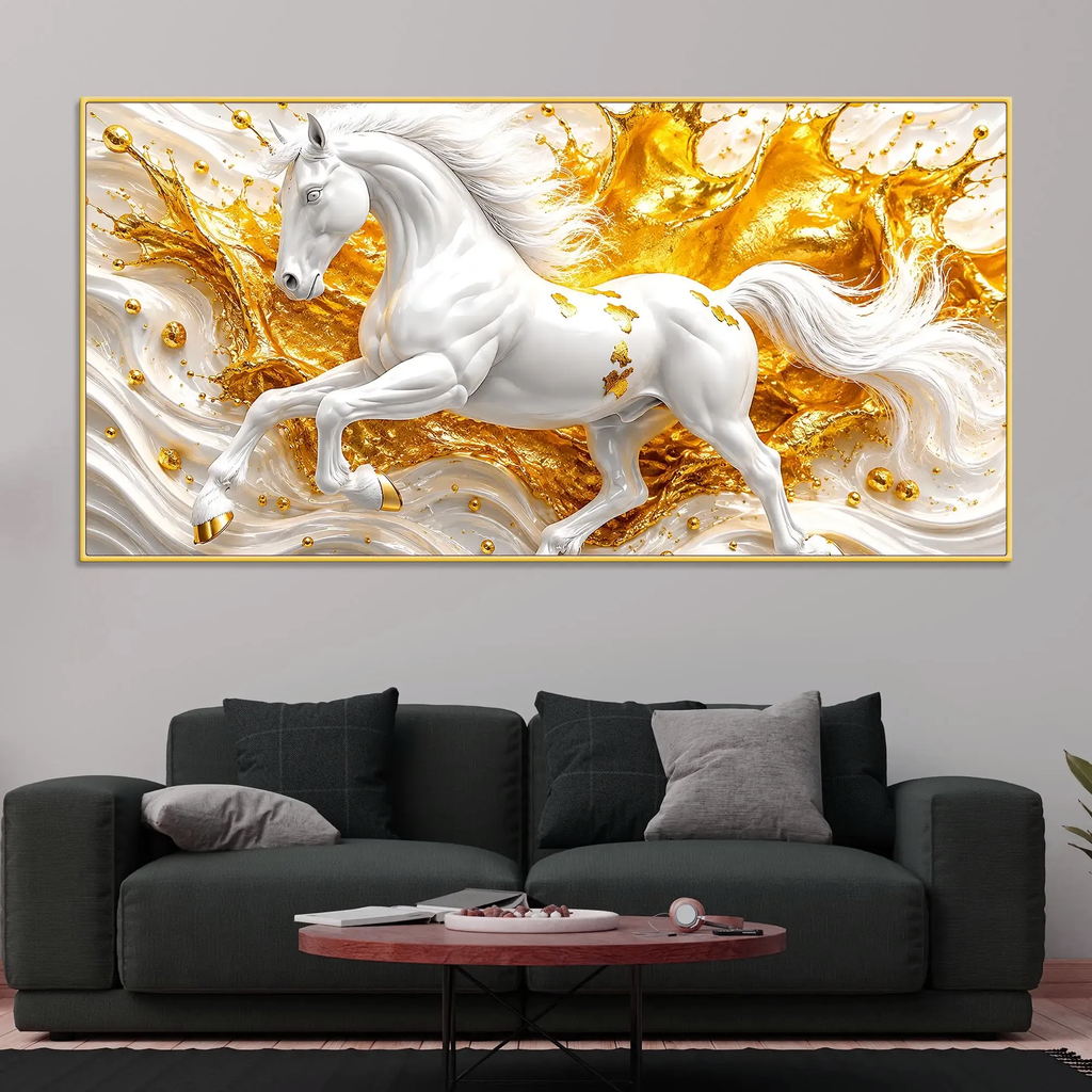 White Horse 3D Textured Wall Painting with Gold Abstract Waves for Home Decor