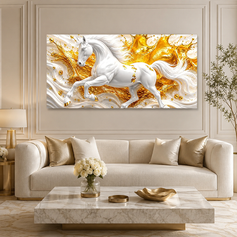 White Horse 3D Textured Wall Painting with Gold Abstract Waves for Home Decor