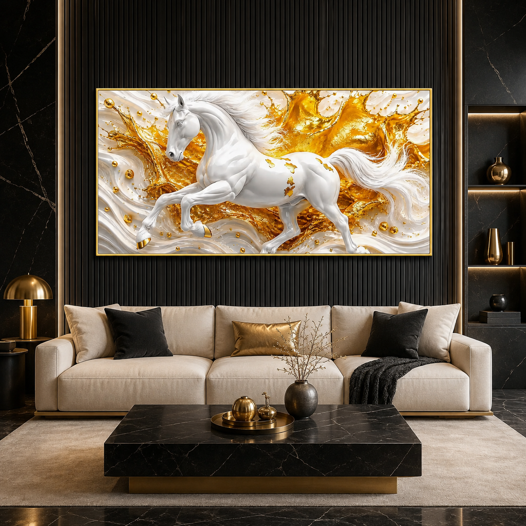 White Horse 3D Textured Wall Painting with Gold Abstract Waves for Home Decor