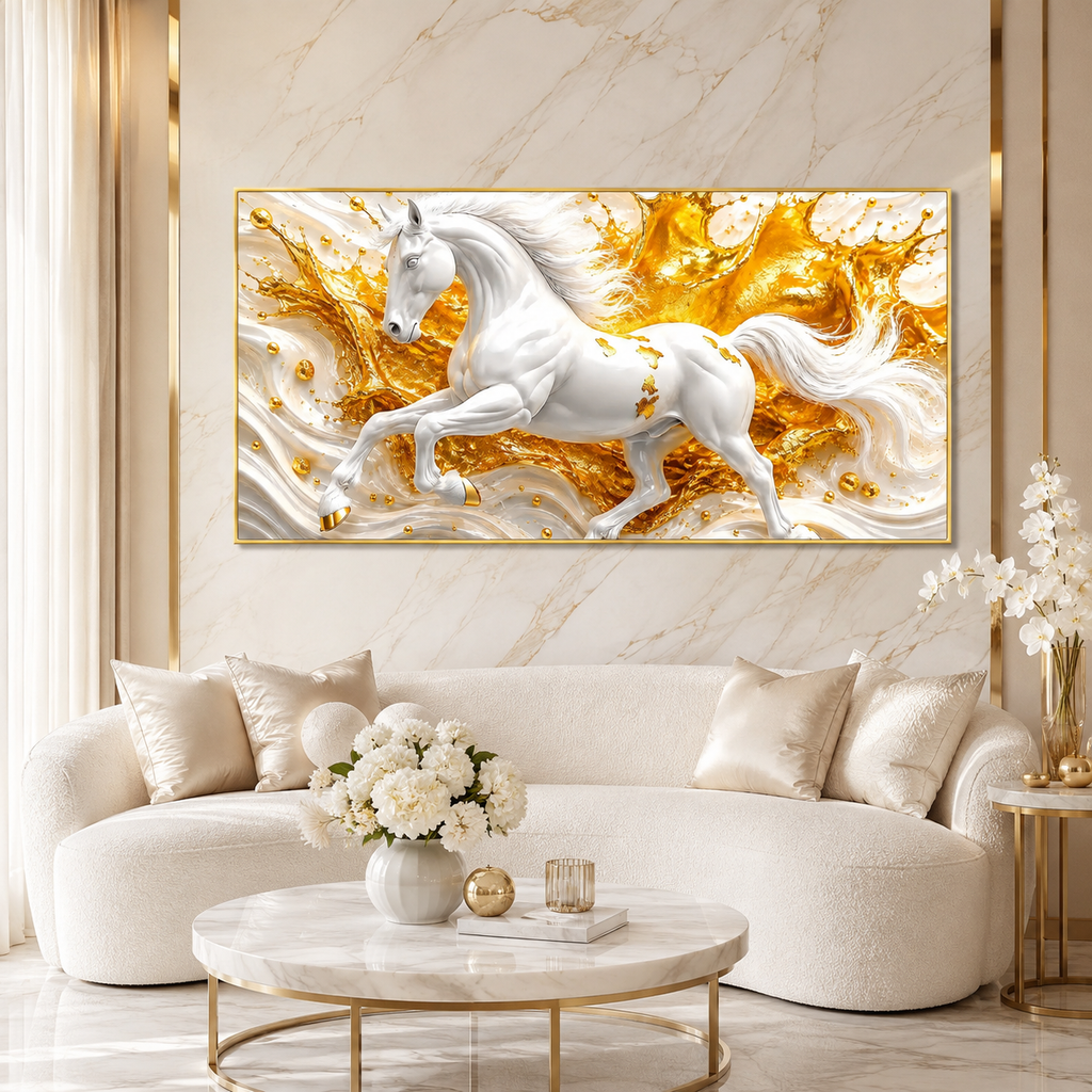 White Horse 3D Textured Wall Painting with Gold Abstract Waves for Home Decor