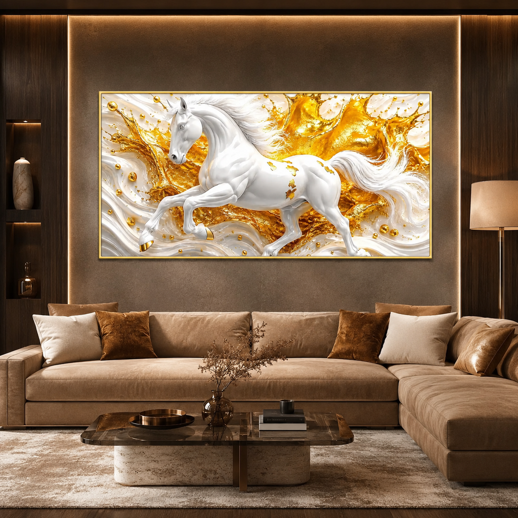 White Horse 3D Textured Wall Painting with Gold Abstract Waves for Home Decor