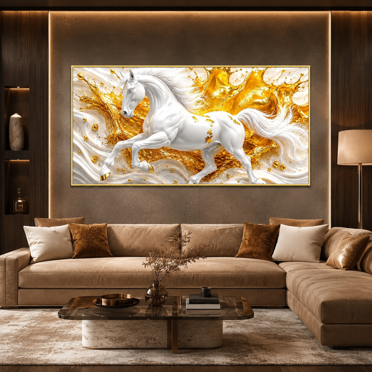 White Horse 3D Textured Wall Painting with Gold Abstract Waves for Home Decor