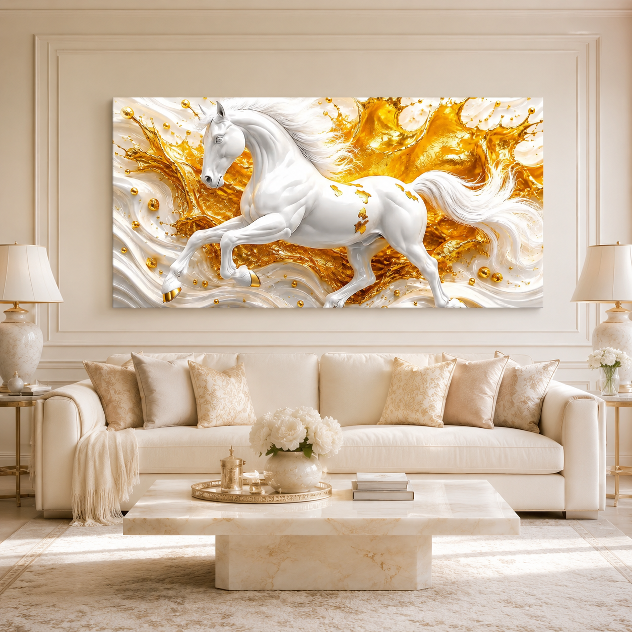 White Horse 3D Textured Wall Painting with Gold Abstract Waves for Home Decor