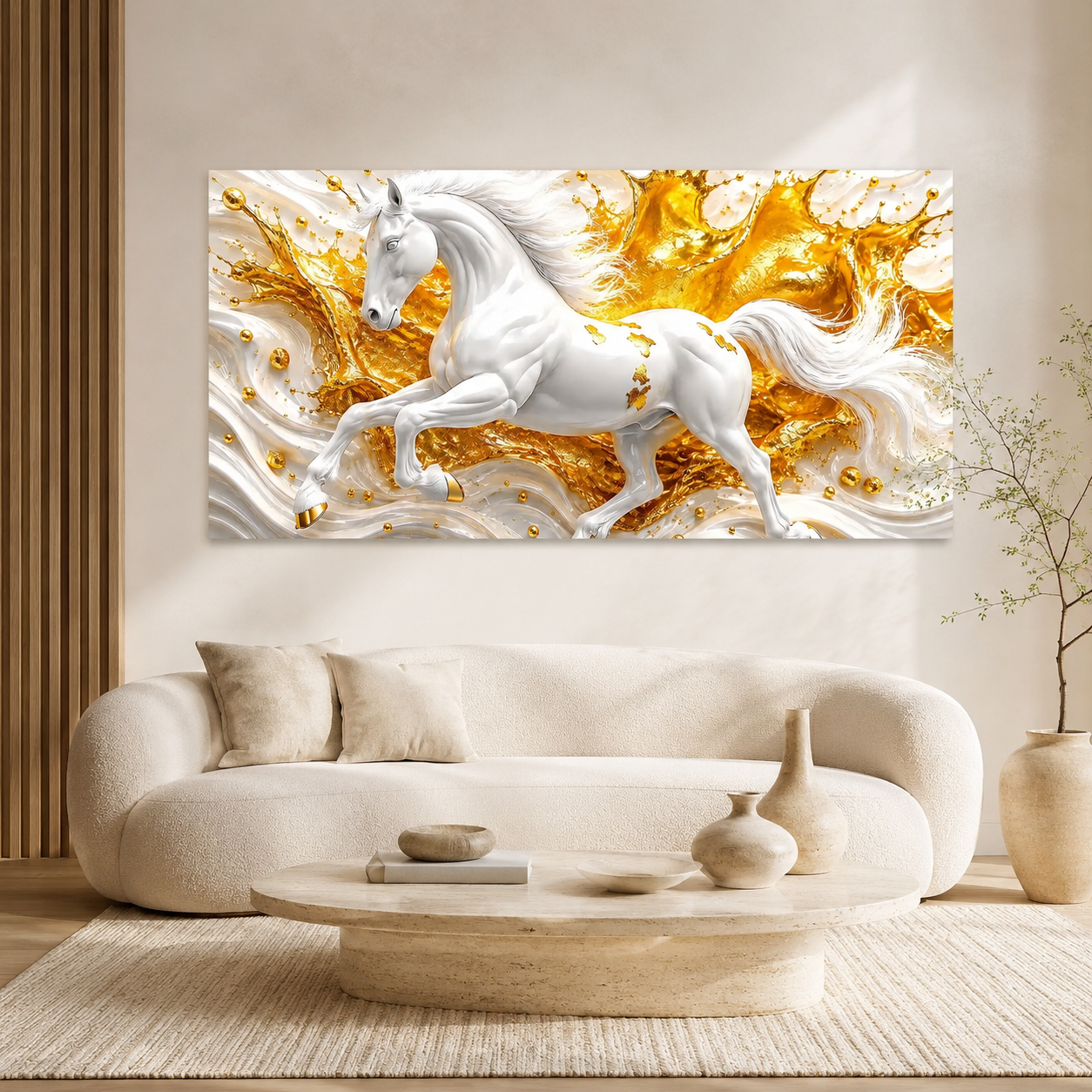 White Horse 3D Textured Wall Painting with Gold Abstract Waves for Home Decor