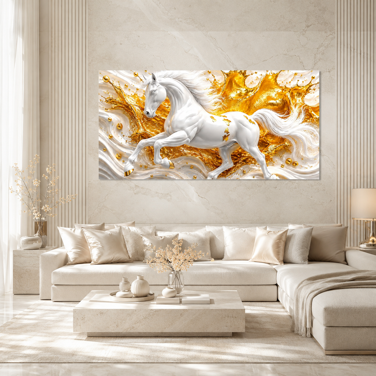 White Horse 3D Textured Wall Painting with Gold Abstract Waves for Home Decor
