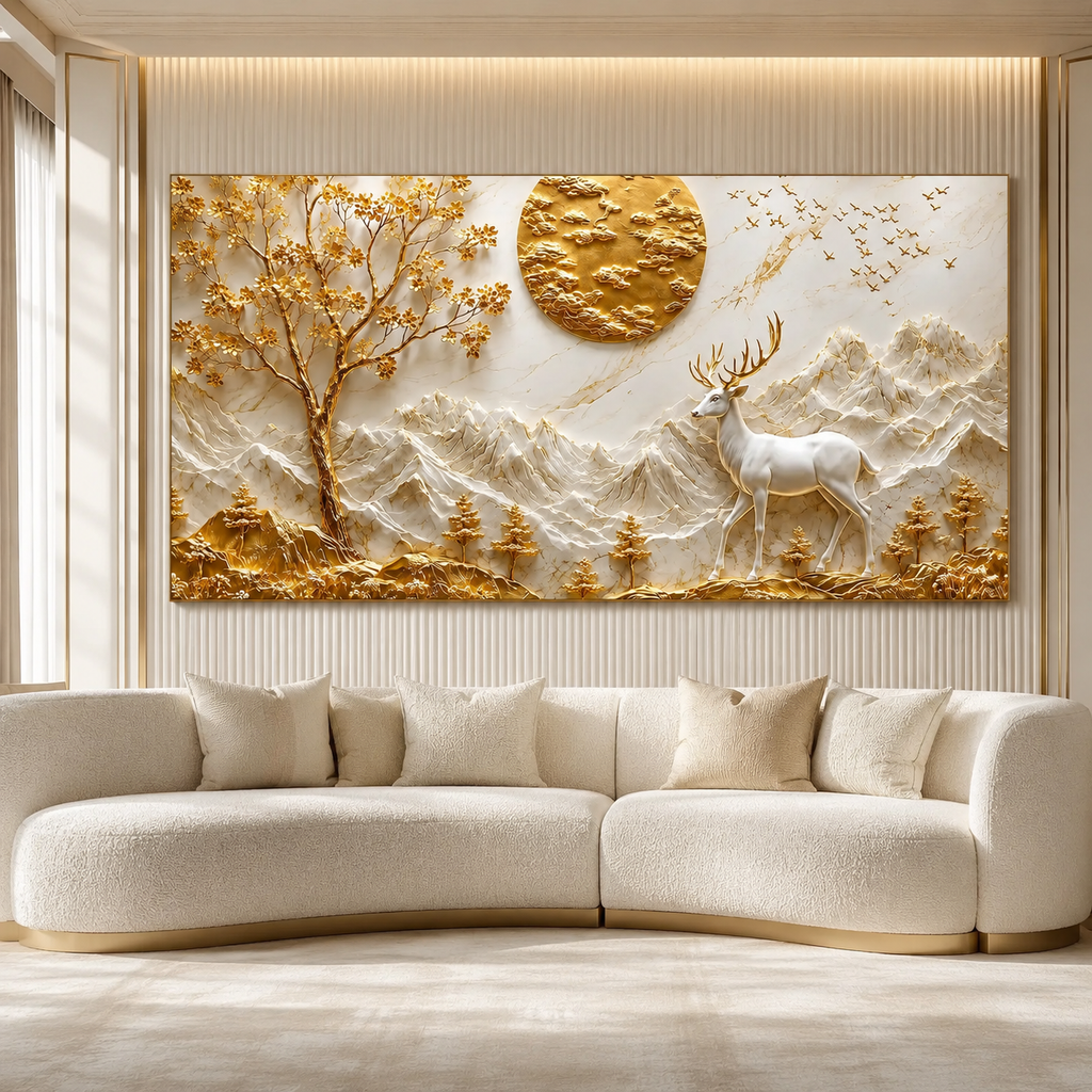 Elegant 3D Deer and Mountain Wall Art with Golden Moon and Tree Decoration