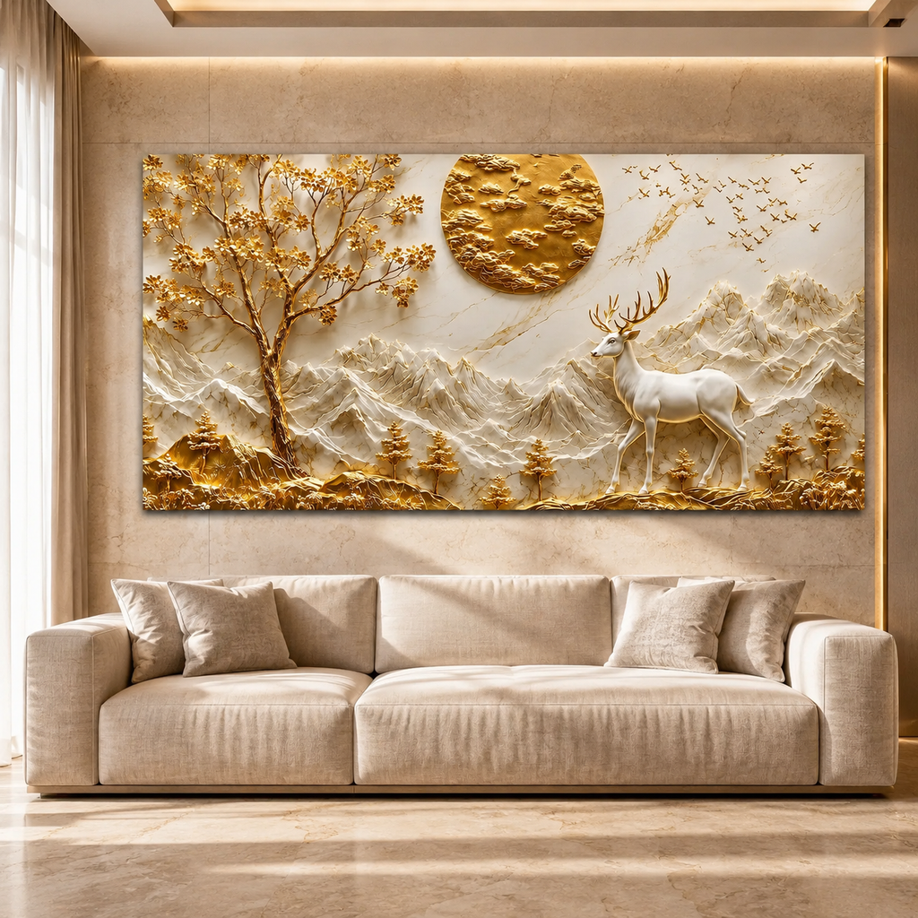 Elegant 3D Deer and Mountain Wall Art with Golden Moon and Tree Decoration