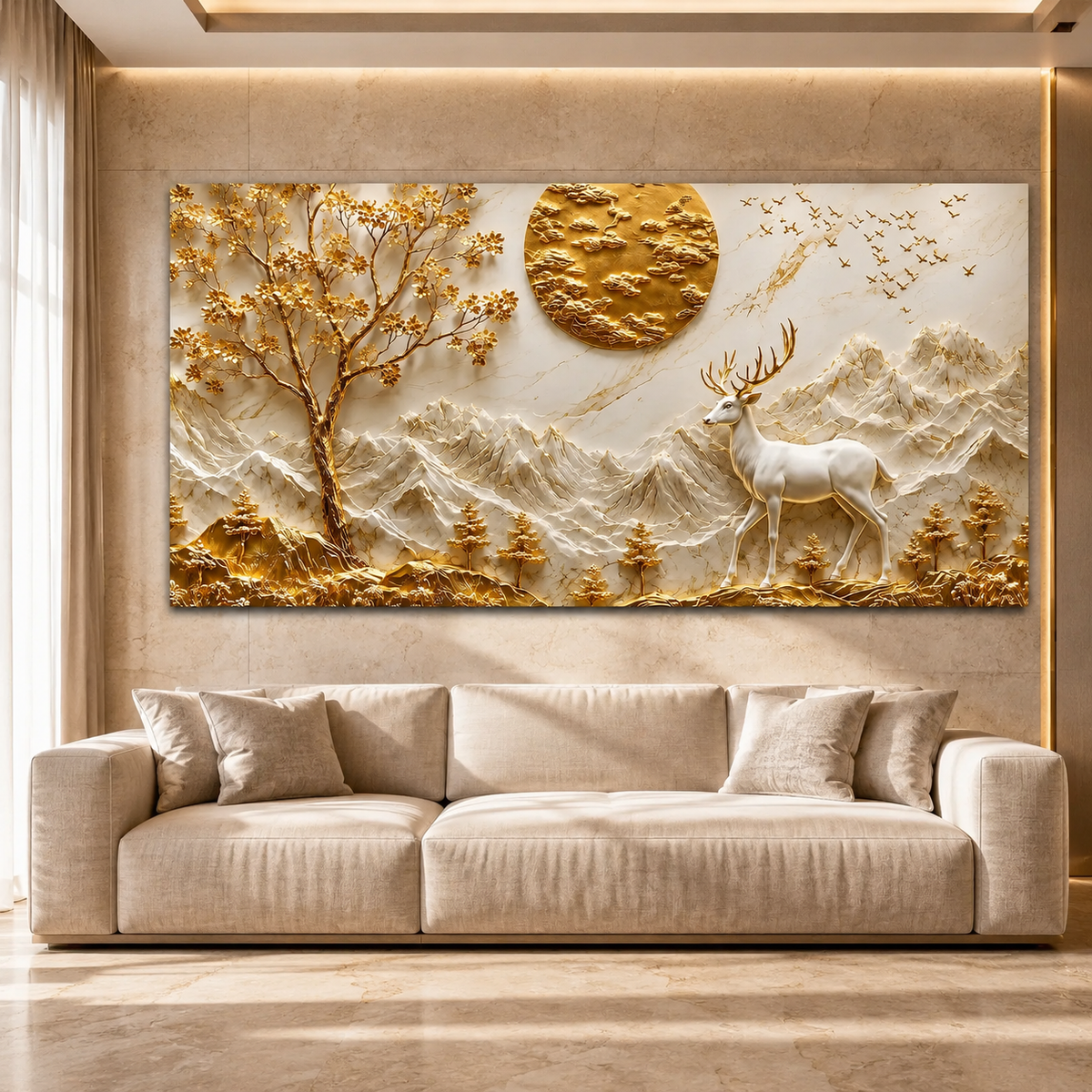 Elegant 3D Deer and Mountain Wall Art with Golden Moon and Tree Decoration