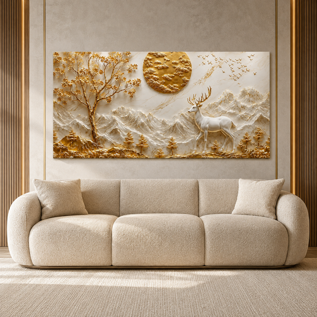 Elegant 3D Deer and Mountain Wall Art with Golden Moon and Tree Decoration