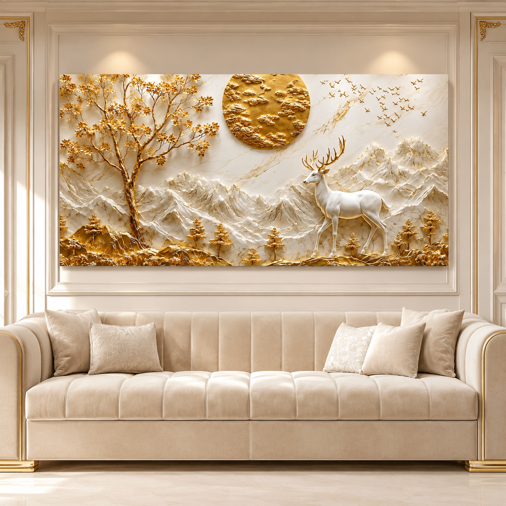 Elegant 3D Deer and Mountain Wall Art with Golden Moon and Tree Decoration