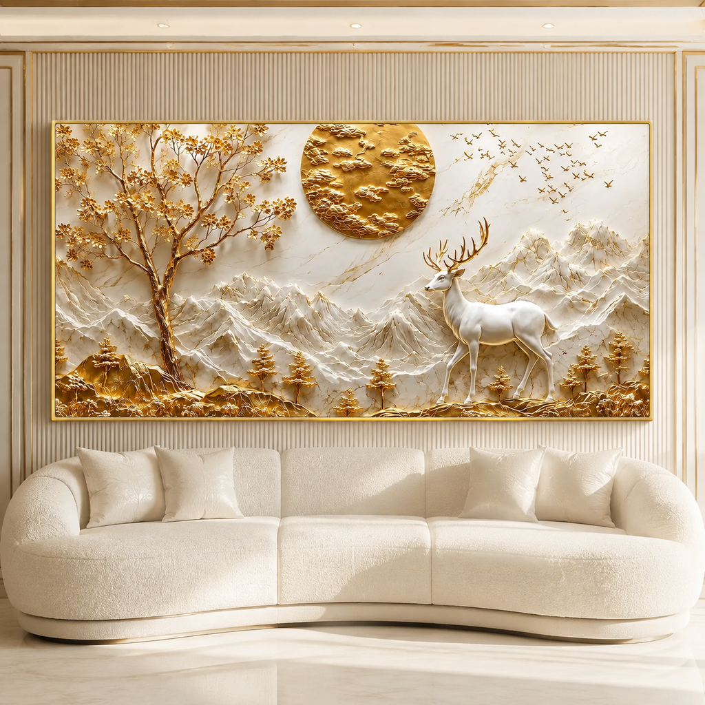 Elegant 3D Deer and Mountain Wall Art with Golden Moon and Tree Decoration