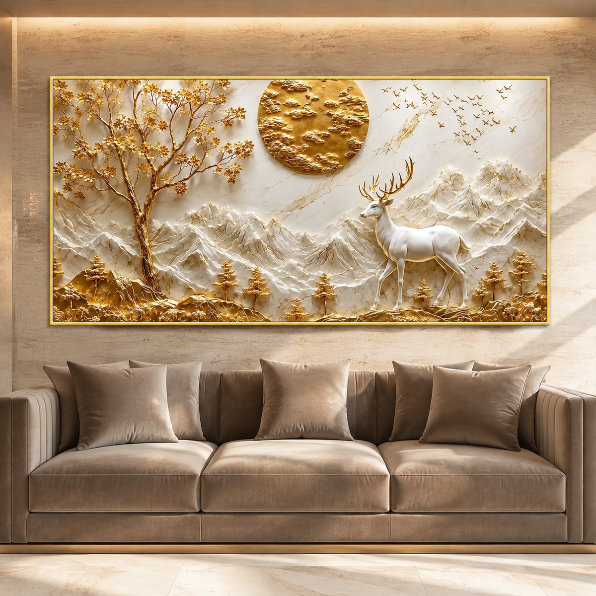 Elegant 3D Deer and Mountain Wall Art with Golden Moon and Tree Decoration