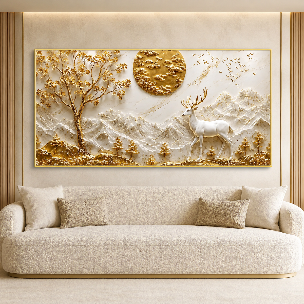 Elegant 3D Deer and Mountain Wall Art with Golden Moon and Tree Decoration